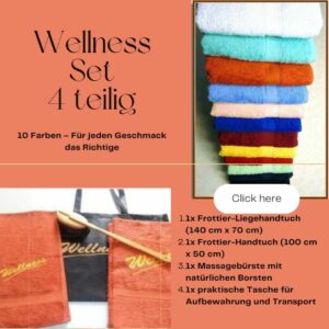 Wellness-Set mit Liegehandtuch, Handtuch, Massagebürste & Tasche – handgefertigt in der Blindenwerkstatt, in 10 Farben erhältlich