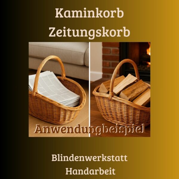 Handgeflochtener Kaminkorb aus der Blindenwerkstatt – ideal für Kaminholz, abgebildet mit Holz.