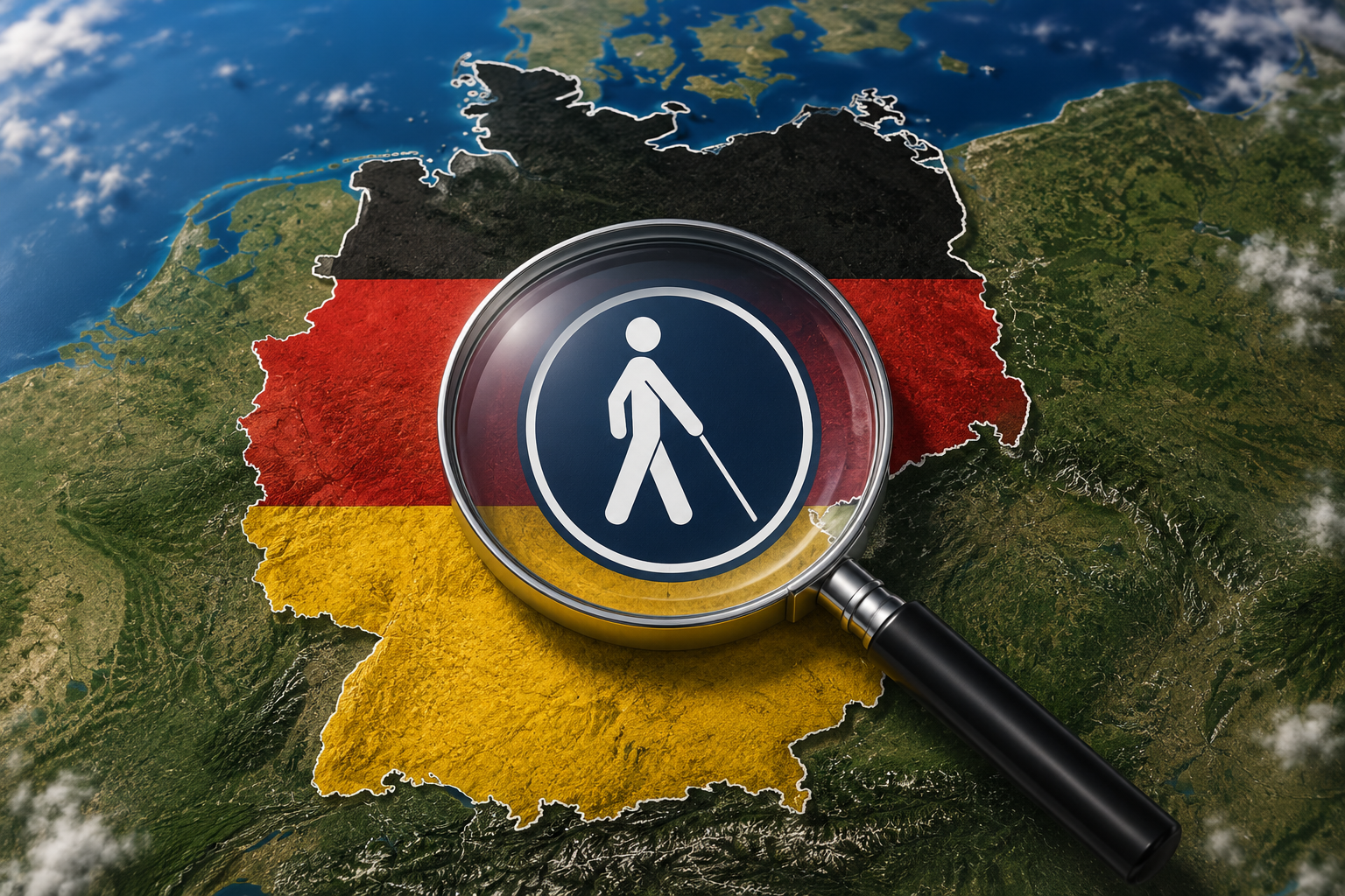 Deutschlandkarte mit Lupe und Blindenzeichen als Symbol für Blindenwaren und staatlich anerkannte Blindenwerkstätten in Deutschland